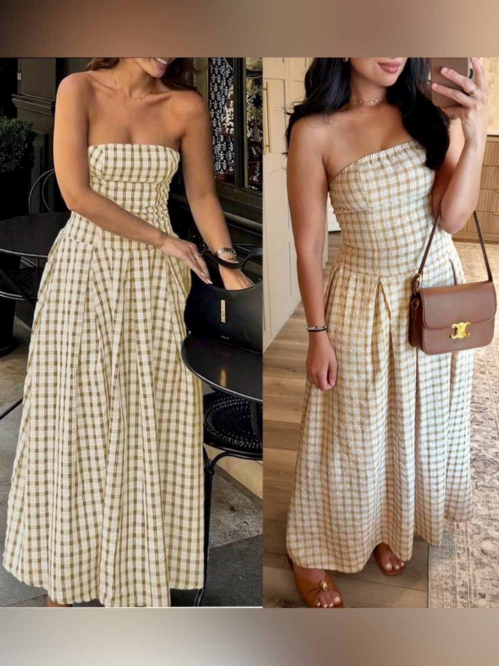 Strapless Gingham checkered Maxi Dress - Cream & tan - Picture 1 of 7